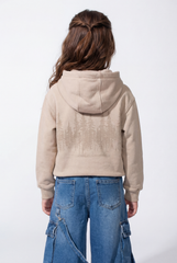Girl’s Forest-Print Acid-Wash Crossover Hood Kangaroo Pocket Elasticated Bubble Hem Ribbed Cuffs Sweatshirt
