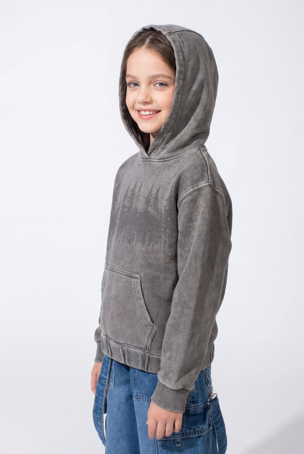 Girl’s Forest-Print Acid-Wash Crossover Hood Kangaroo Pocket Elasticated Bubble Hem Ribbed Cuffs Sweatshirt