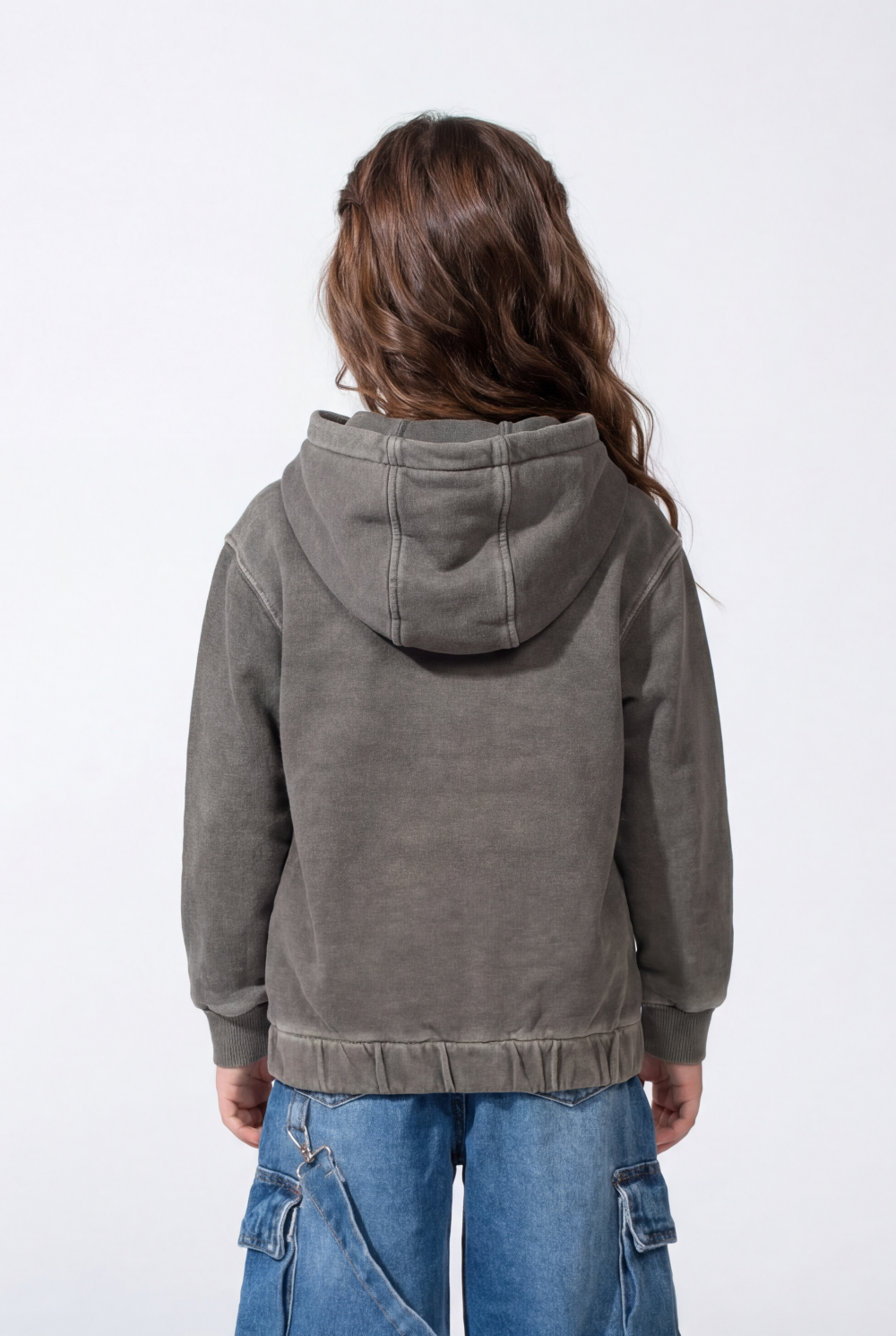 Girl’s Forest-Print Acid-Wash Crossover Hood Kangaroo Pocket Elasticated Bubble Hem Ribbed Cuffs Sweatshirt