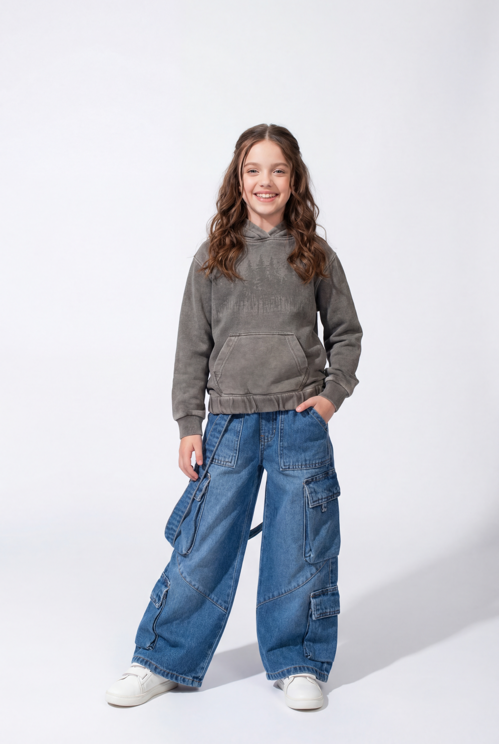 Girl’s Forest-Print Acid-Wash Crossover Hood Kangaroo Pocket Elasticated Bubble Hem Ribbed Cuffs Sweatshirt