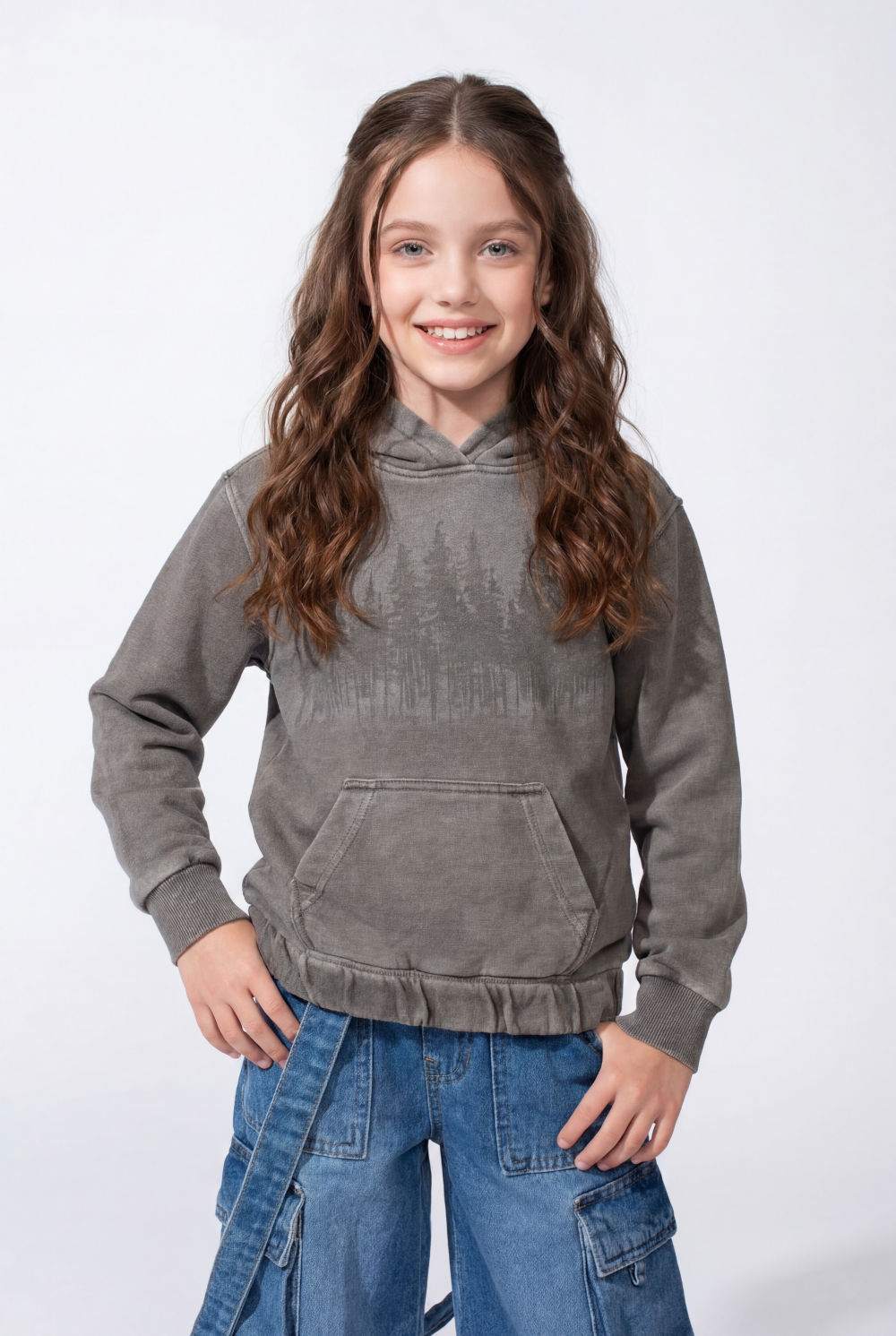 Girl’s Forest-Print Acid-Wash Crossover Hood Kangaroo Pocket Elasticated Bubble Hem Ribbed Cuffs Sweatshirt