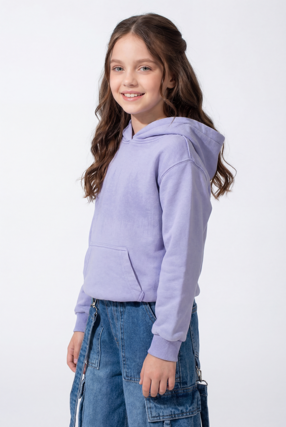 Girl’s Forest-Print Acid-Wash Crossover Hood Kangaroo Pocket Elasticated Bubble Hem Ribbed Cuffs Sweatshirt