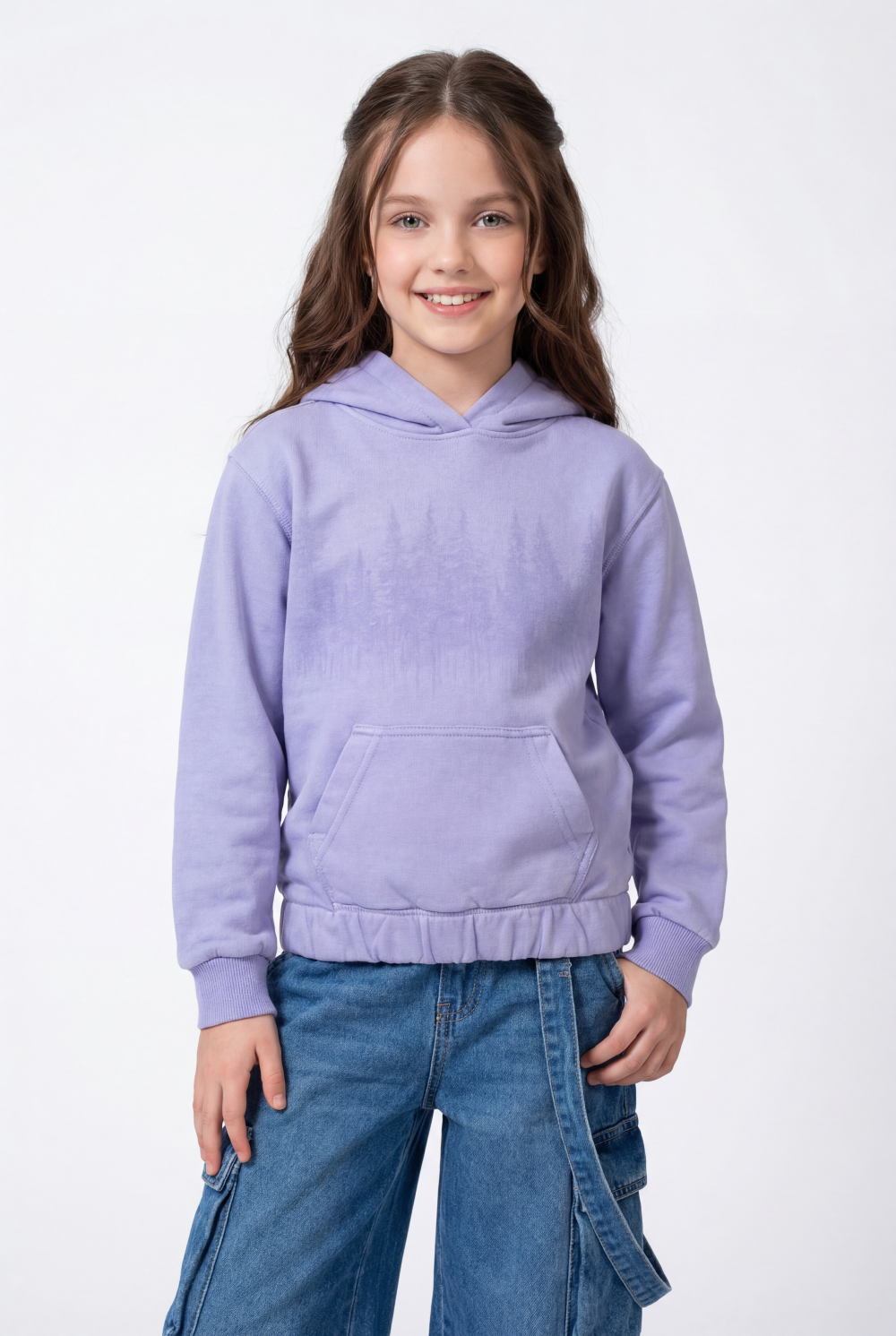 Girl’s Forest-Print Acid-Wash Crossover Hood Kangaroo Pocket Elasticated Bubble Hem Ribbed Cuffs Sweatshirt