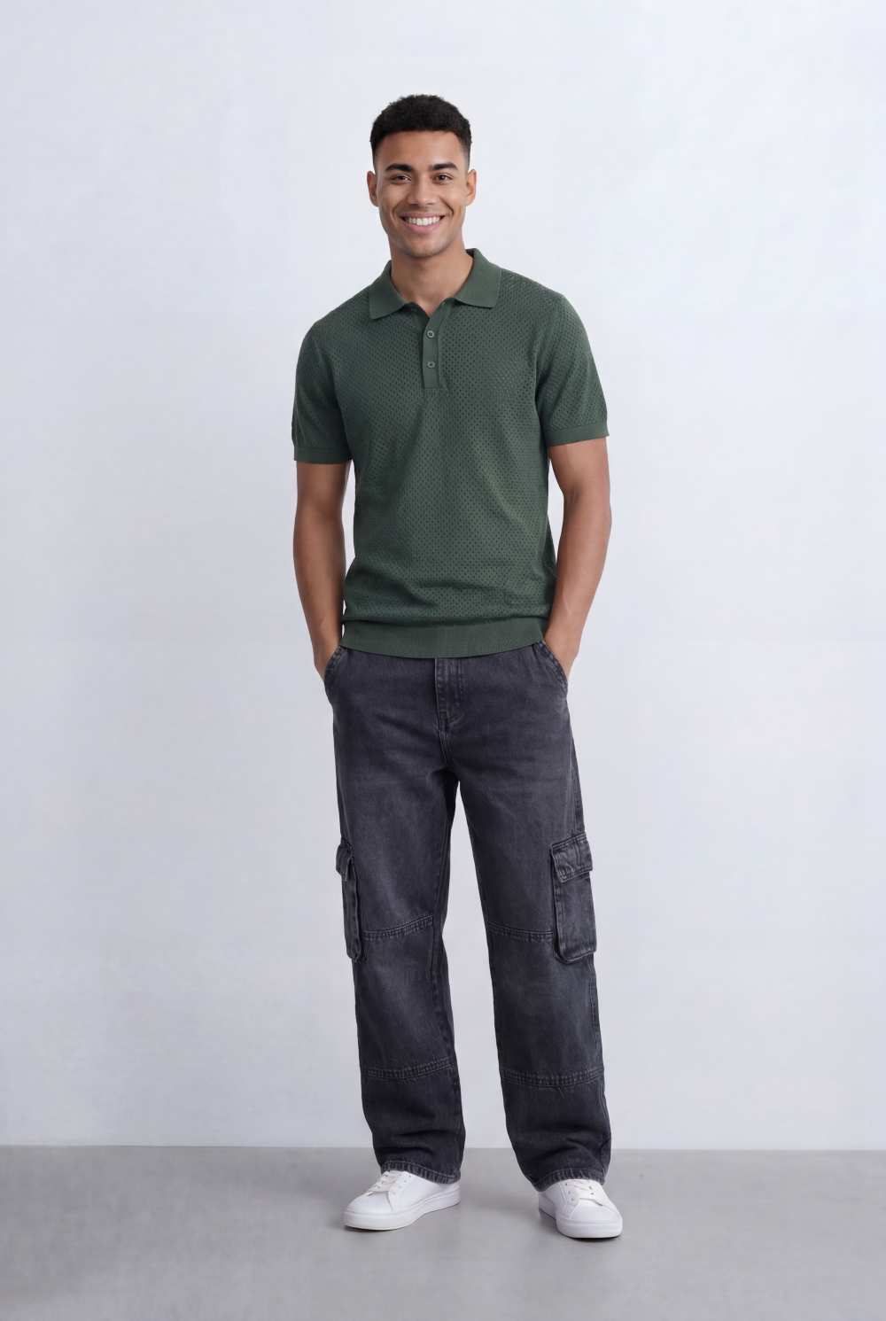 Men’s Tomato Store Knit Polo All Over Perforated Texture Button Placket Design Slim Fit T-Shirt