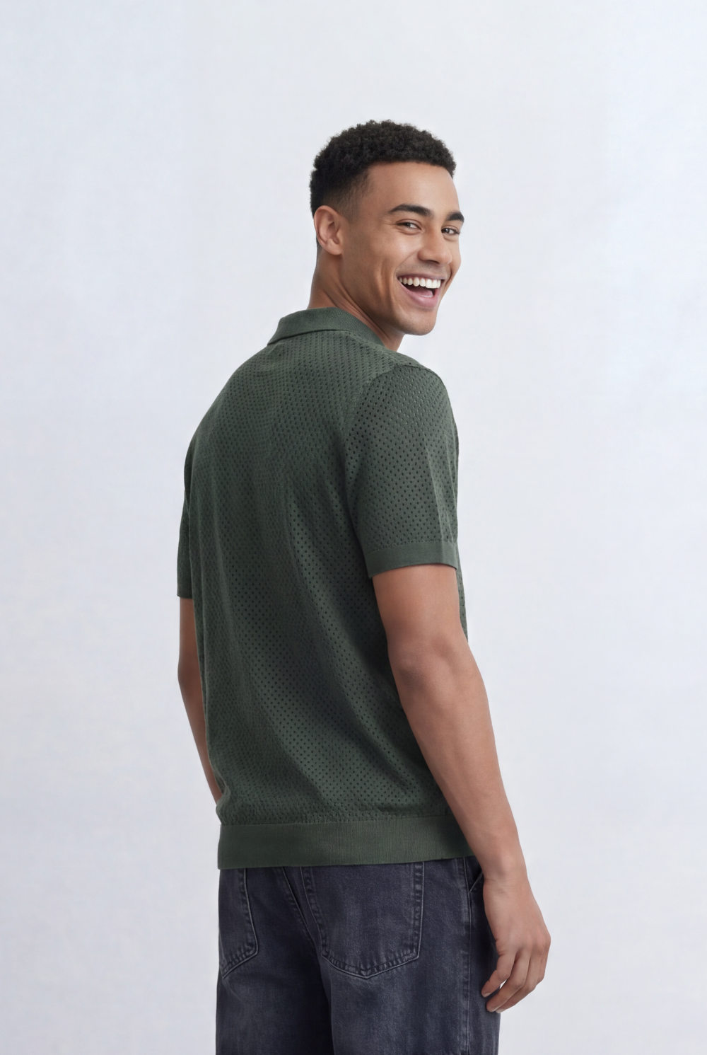 Men’s Tomato Store Knit Polo All Over Perforated Texture Button Placket Design Slim Fit T-Shirt