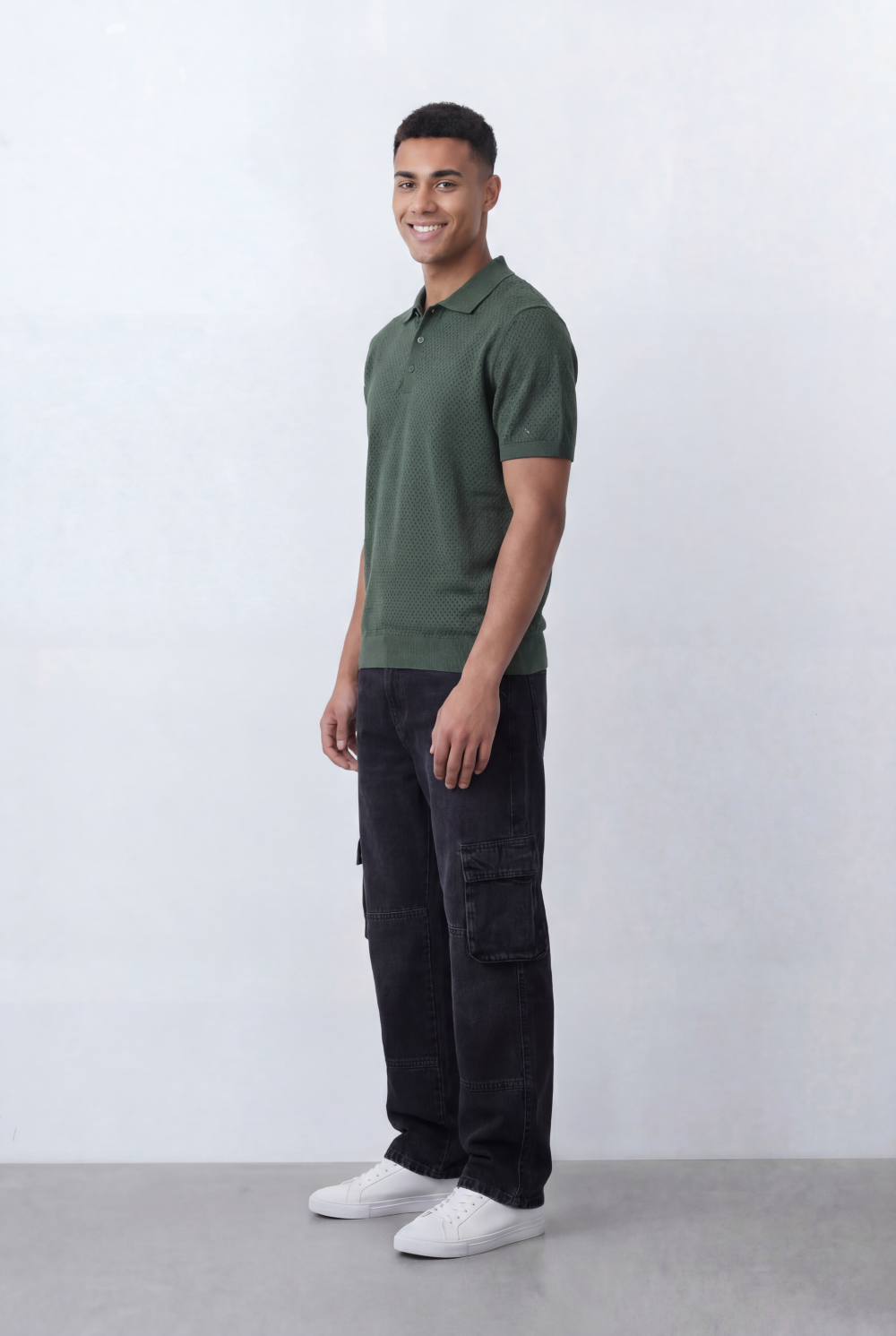 Men’s Tomato Store Knit Polo All Over Perforated Texture Button Placket Design Slim Fit T-Shirt