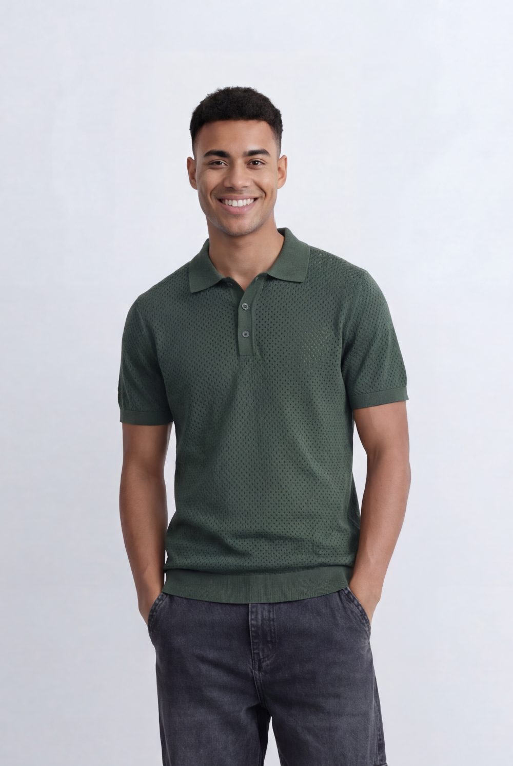 Men’s Tomato Store Knit Polo All Over Perforated Texture Button Placket Design Slim Fit T-Shirt