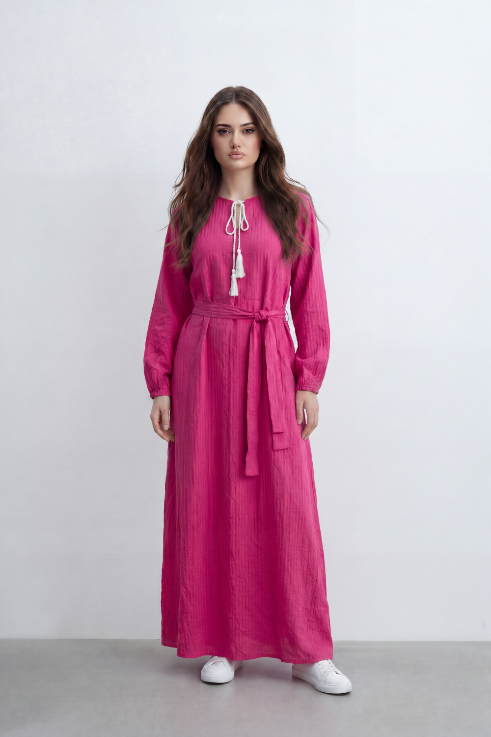 Women’s Tomato Store Desert Gauze Maxi Dress With Allover Cotton Crinkle Slub Texture Front Tassel Tie Detail Self Waist Belt Relaxed Flowing Fit