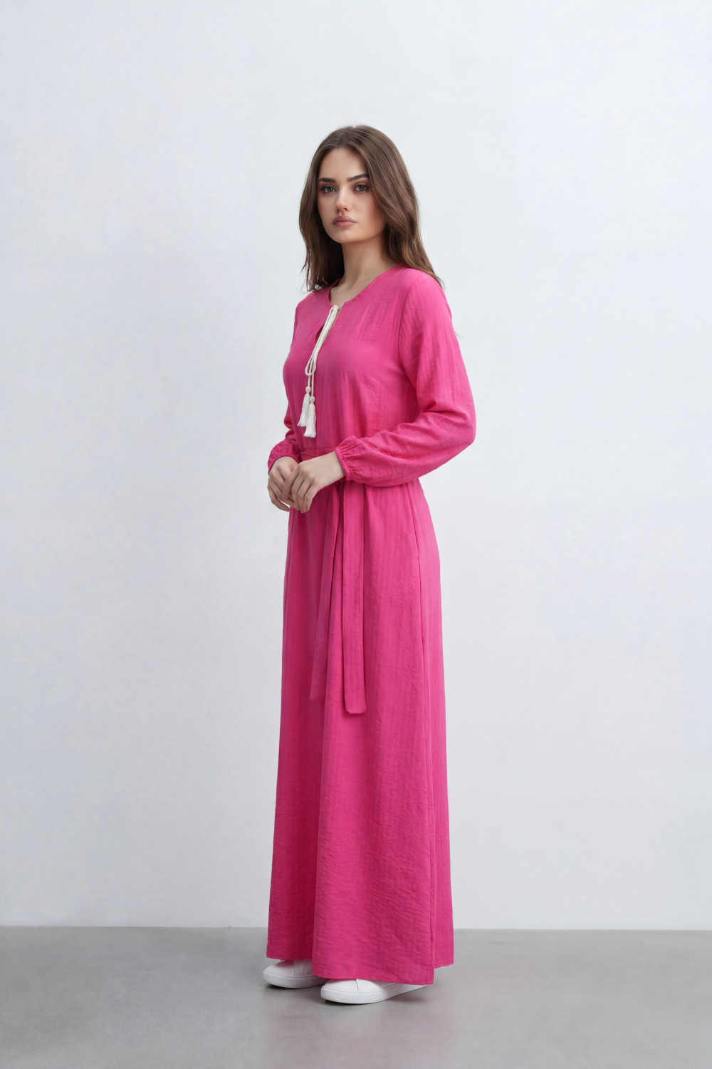 Women’s Tomato Store Desert Gauze Maxi Dress With Allover Cotton Crinkle Slub Texture Front Tassel Tie Detail Self Waist Belt Relaxed Flowing Fit
