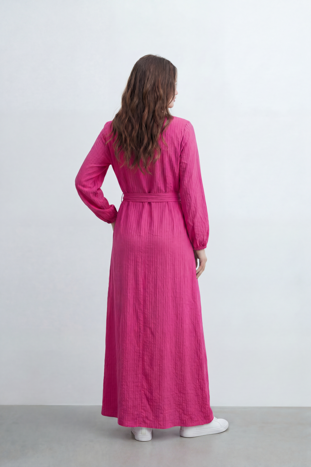 Women’s Tomato Store Desert Gauze Maxi Dress With Allover Cotton Crinkle Slub Texture Front Tassel Tie Detail Self Waist Belt Relaxed Flowing Fit
