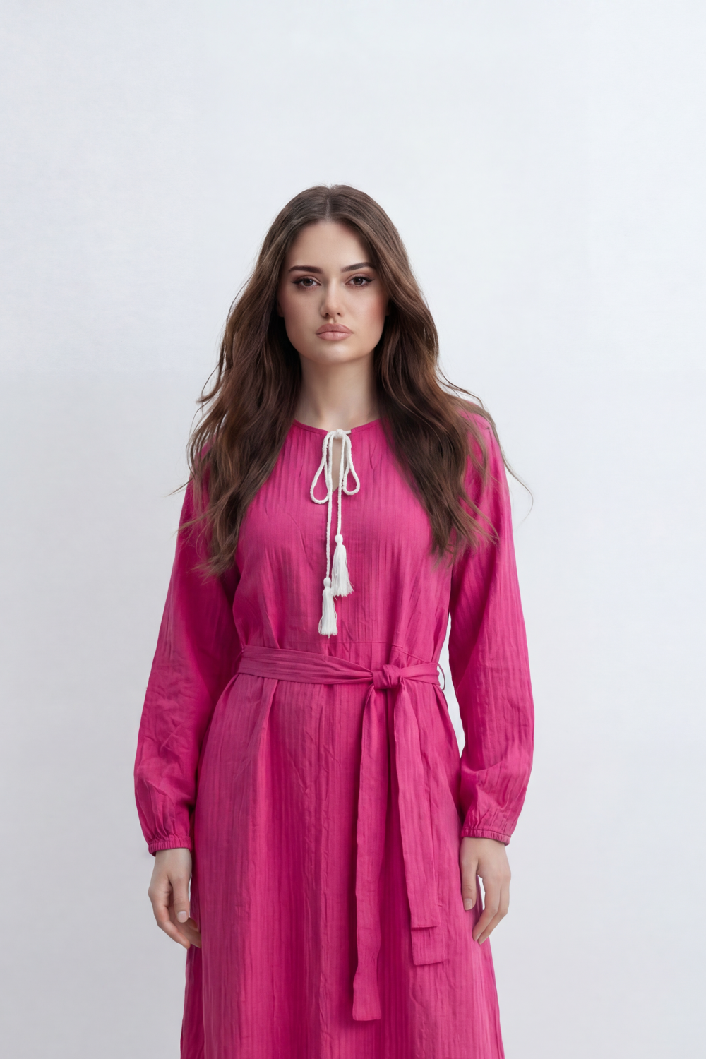 Women’s Tomato Store Desert Gauze Maxi Dress With Allover Cotton Crinkle Slub Texture Front Tassel Tie Detail Self Waist Belt Relaxed Flowing Fit