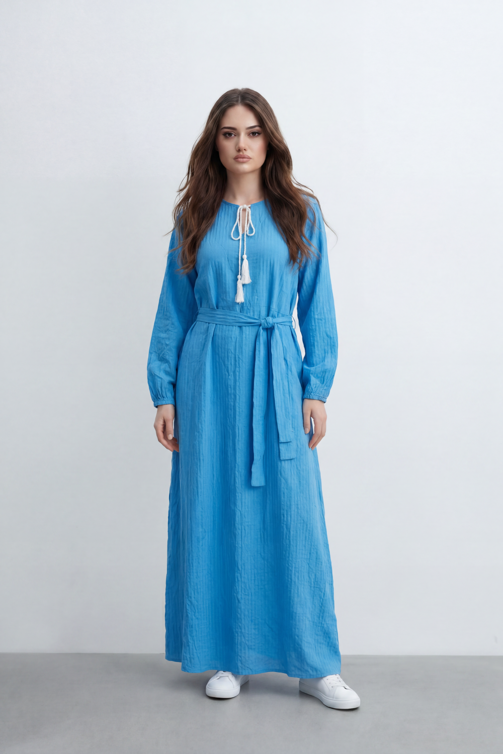 Women’s Tomato Store Desert Gauze Maxi Dress With Allover Cotton Crinkle Slub Texture Front Tassel Tie Detail Self Waist Belt Relaxed Flowing Fit