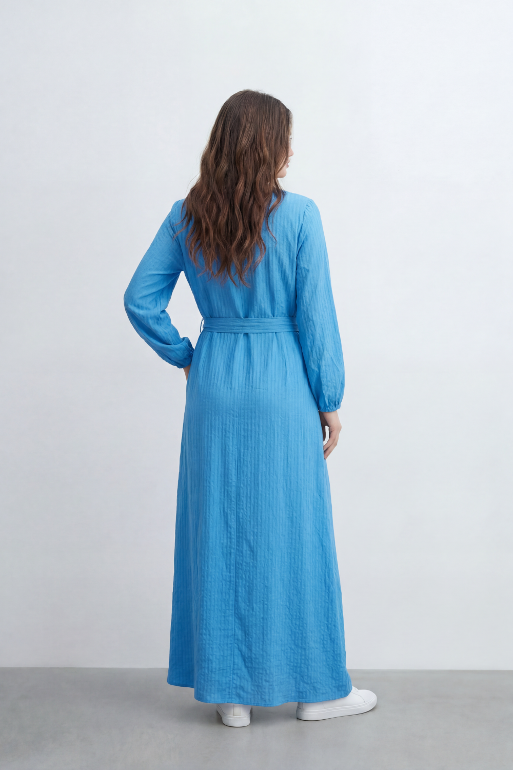 Women’s Tomato Store Desert Gauze Maxi Dress With Allover Cotton Crinkle Slub Texture Front Tassel Tie Detail Self Waist Belt Relaxed Flowing Fit
