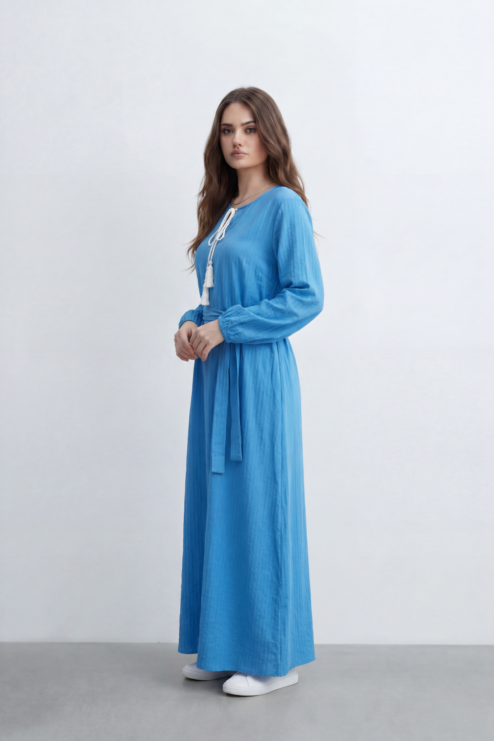 Women’s Tomato Store Desert Gauze Maxi Dress With Allover Cotton Crinkle Slub Texture Front Tassel Tie Detail Self Waist Belt Relaxed Flowing Fit
