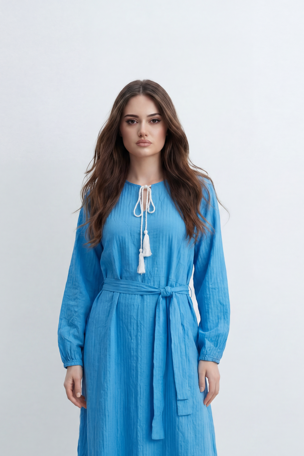 Women’s Tomato Store Desert Gauze Maxi Dress With Allover Cotton Crinkle Slub Texture Front Tassel Tie Detail Self Waist Belt Relaxed Flowing Fit