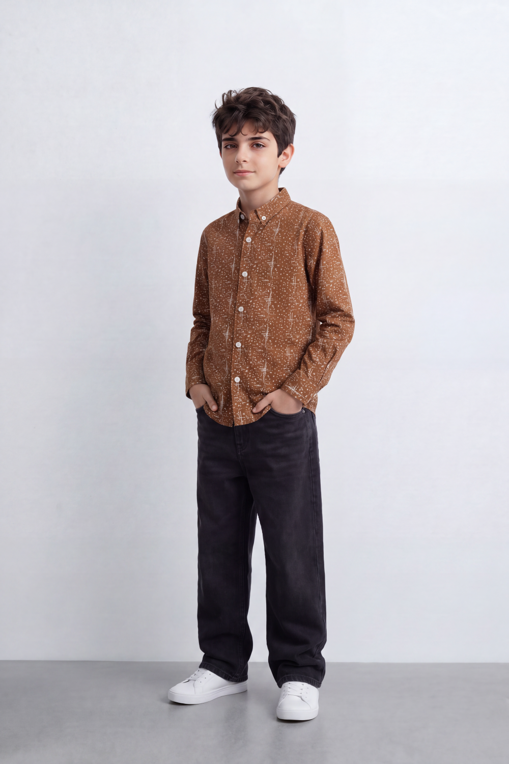 Boy's Tomato Store Shirt Allover Abstract Micro Print Button-Down Collar Long Sleeve