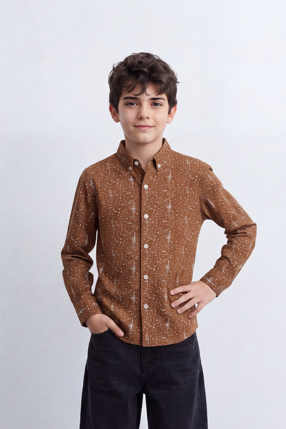 Boy's Tomato Store Shirt Allover Abstract Micro Print Button-Down Collar Long Sleeve