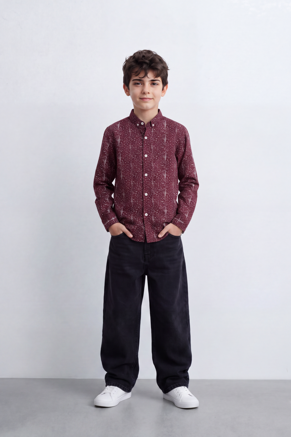 Boy's Tomato Store Shirt Allover Abstract Micro Print Button-Down Collar Long Sleeve