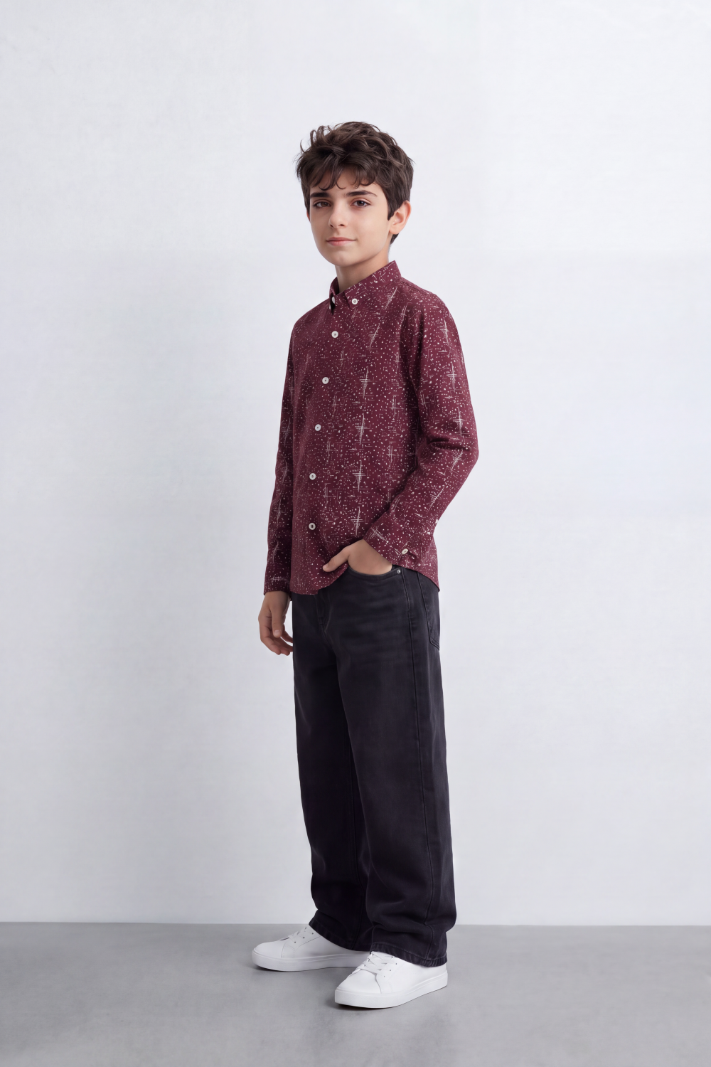 Boy's Tomato Store Shirt Allover Abstract Micro Print Button-Down Collar Long Sleeve