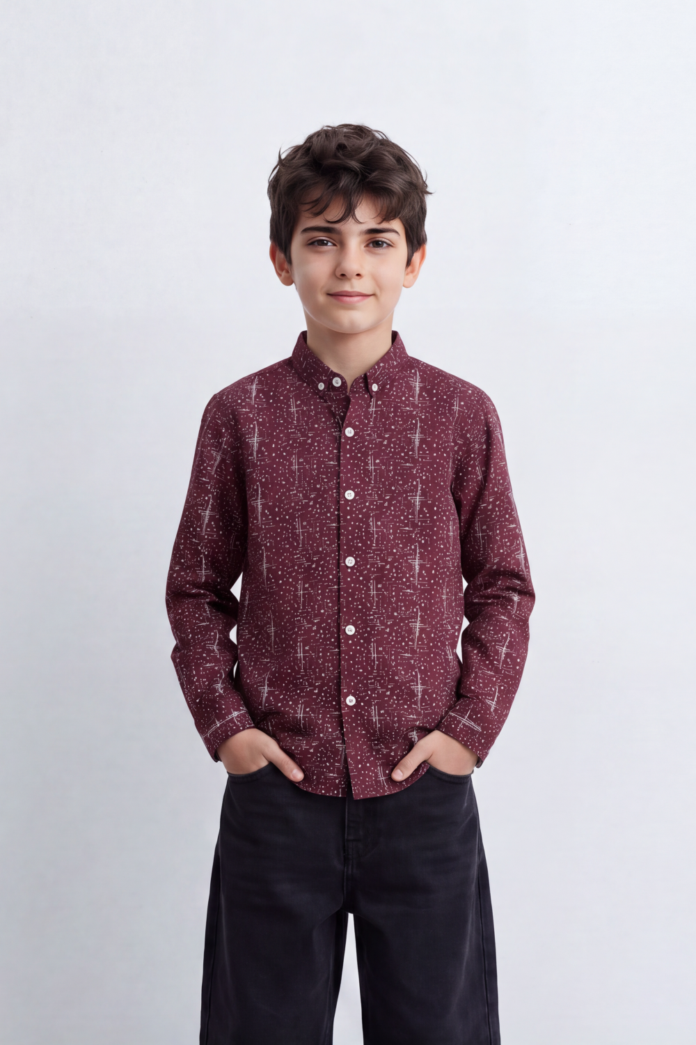 Boy's Tomato Store Shirt Allover Abstract Micro Print Button-Down Collar Long Sleeve