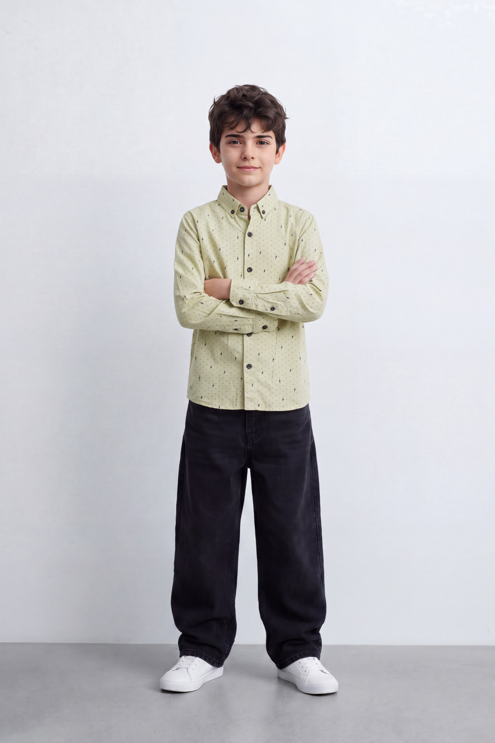 Boy's Tomato Store Lightweight Woven Shirt Speckled Micro Print Button-Down Collar Contrast Buttons Long Sleeve
