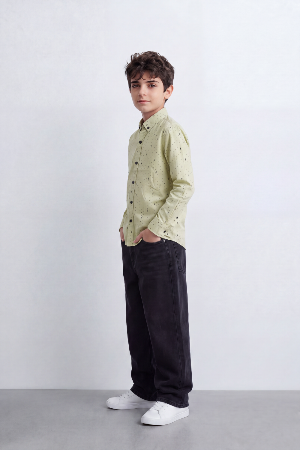 Boy's Tomato Store Lightweight Woven Shirt Speckled Micro Print Button-Down Collar Contrast Buttons Long Sleeve