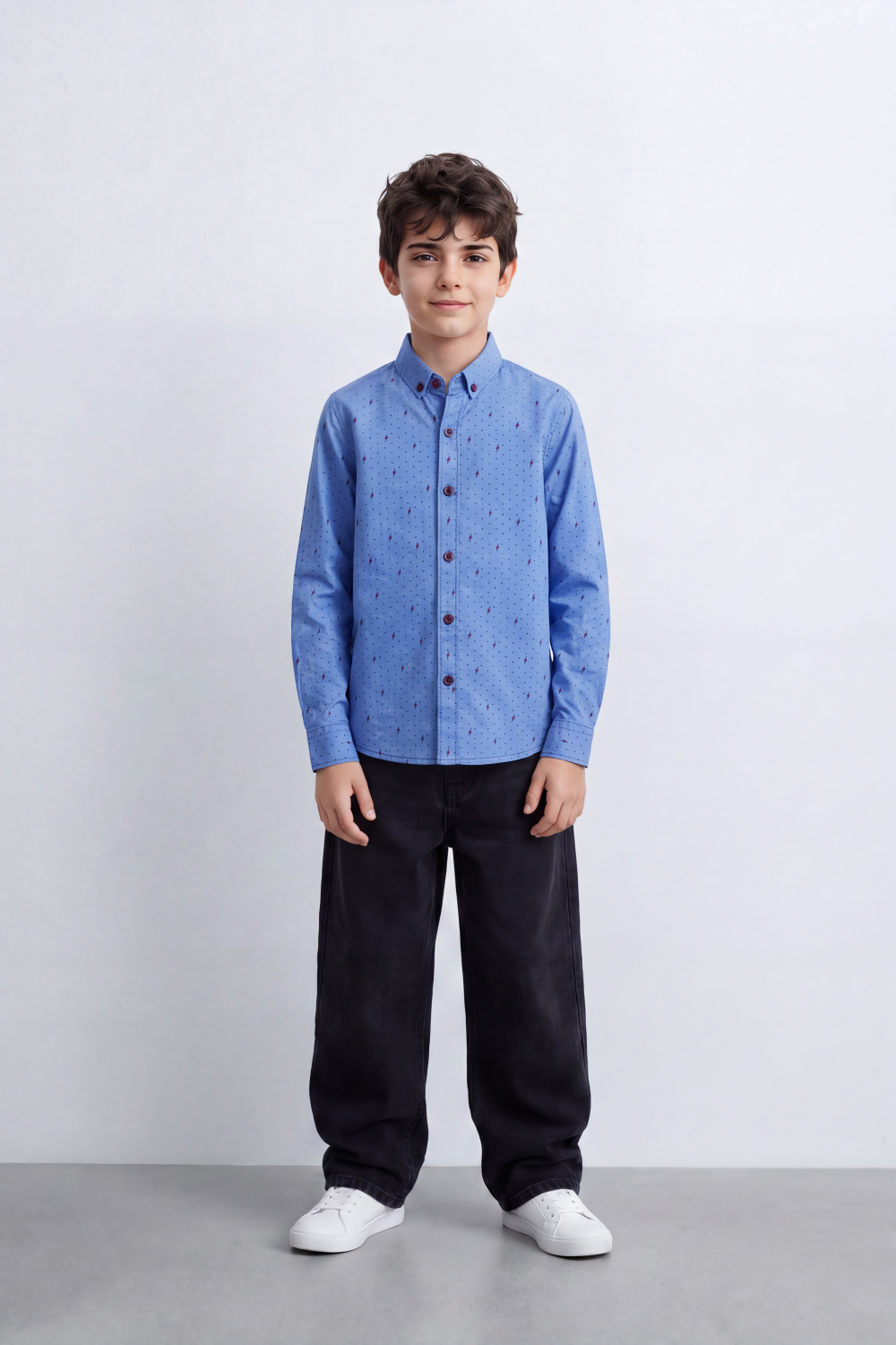 Boy's Tomato Store Lightweight Woven Shirt Speckled Micro Print Button-Down Collar Contrast Buttons Long Sleeve