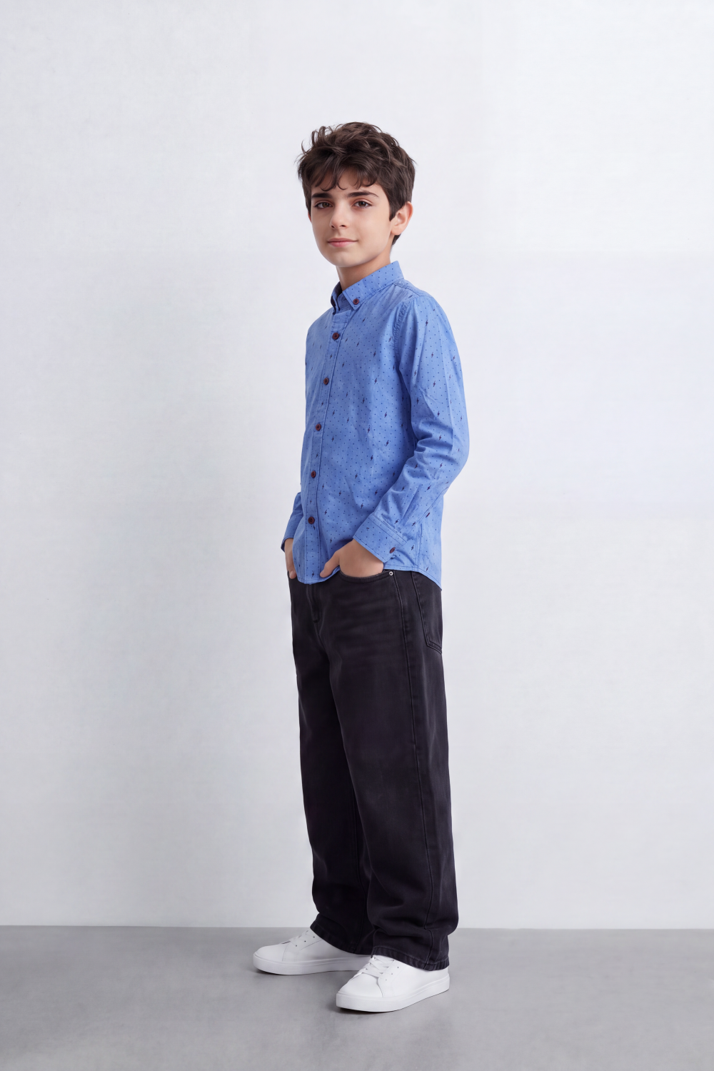 Boy's Tomato Store Lightweight Woven Shirt Speckled Micro Print Button-Down Collar Contrast Buttons Long Sleeve