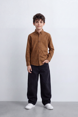 Boy's Tomato Store Printed Cotton Poplin Shirt Tiny Allover Motif Button-Down Collar Contrast Buttons Long Sleeve
