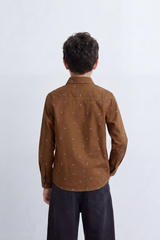 Boy's Tomato Store Printed Cotton Poplin Shirt Tiny Allover Motif Button-Down Collar Contrast Buttons Long Sleeve