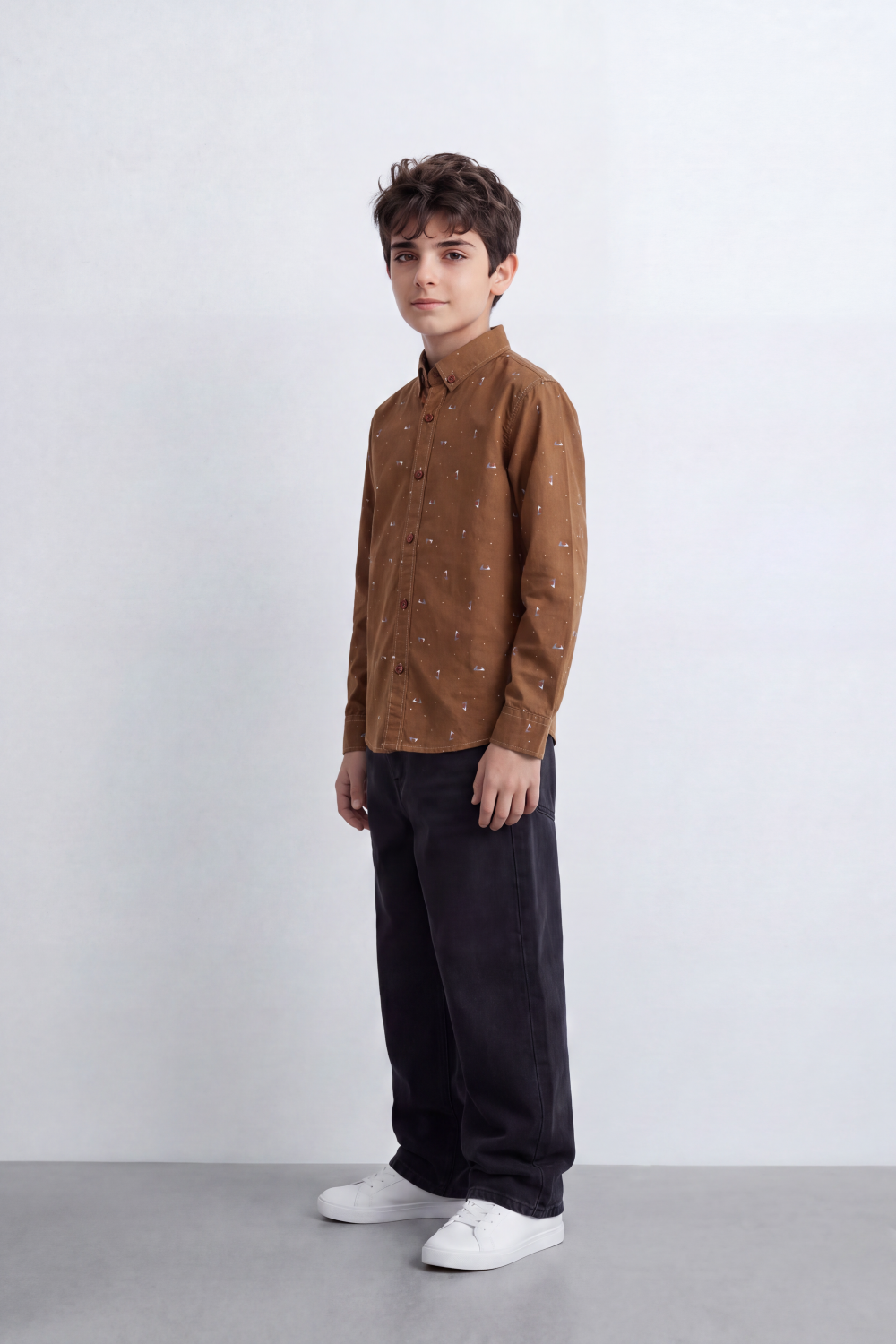 Boy's Tomato Store Printed Cotton Poplin Shirt Tiny Allover Motif Button-Down Collar Contrast Buttons Long Sleeve