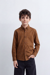 Boy's Tomato Store Printed Cotton Poplin Shirt Tiny Allover Motif Button-Down Collar Contrast Buttons Long Sleeve