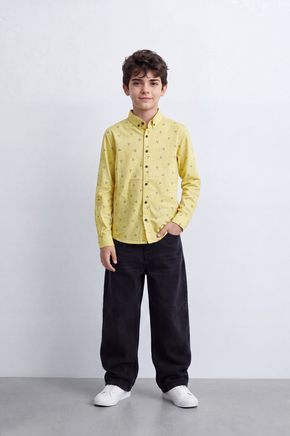Boy's Tomato Store Printed Cotton Poplin Shirt Tiny Allover Motif Button-Down Collar Contrast Buttons Long Sleeve