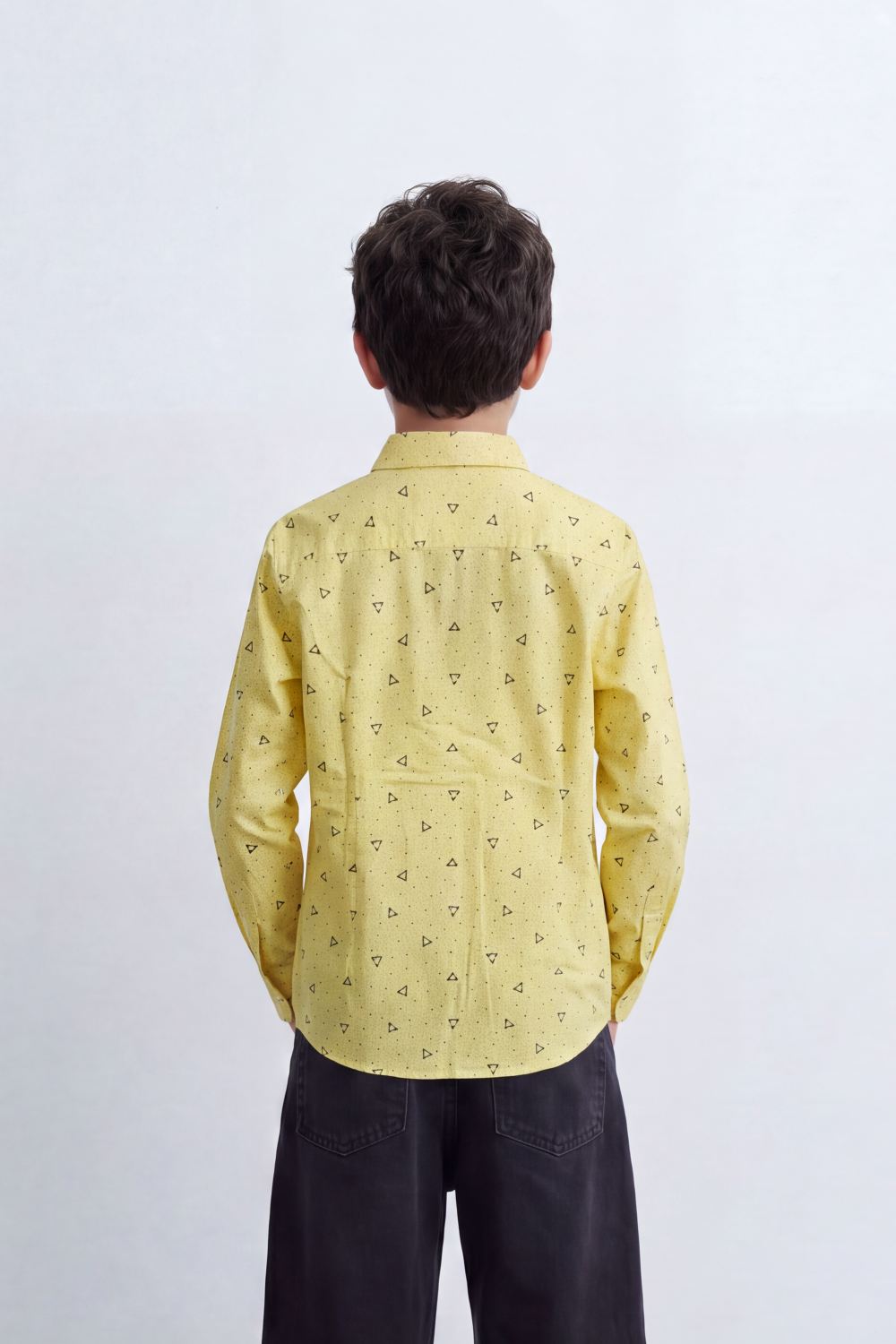 Boy's Tomato Store Printed Cotton Poplin Shirt Tiny Allover Motif Button-Down Collar Contrast Buttons Long Sleeve