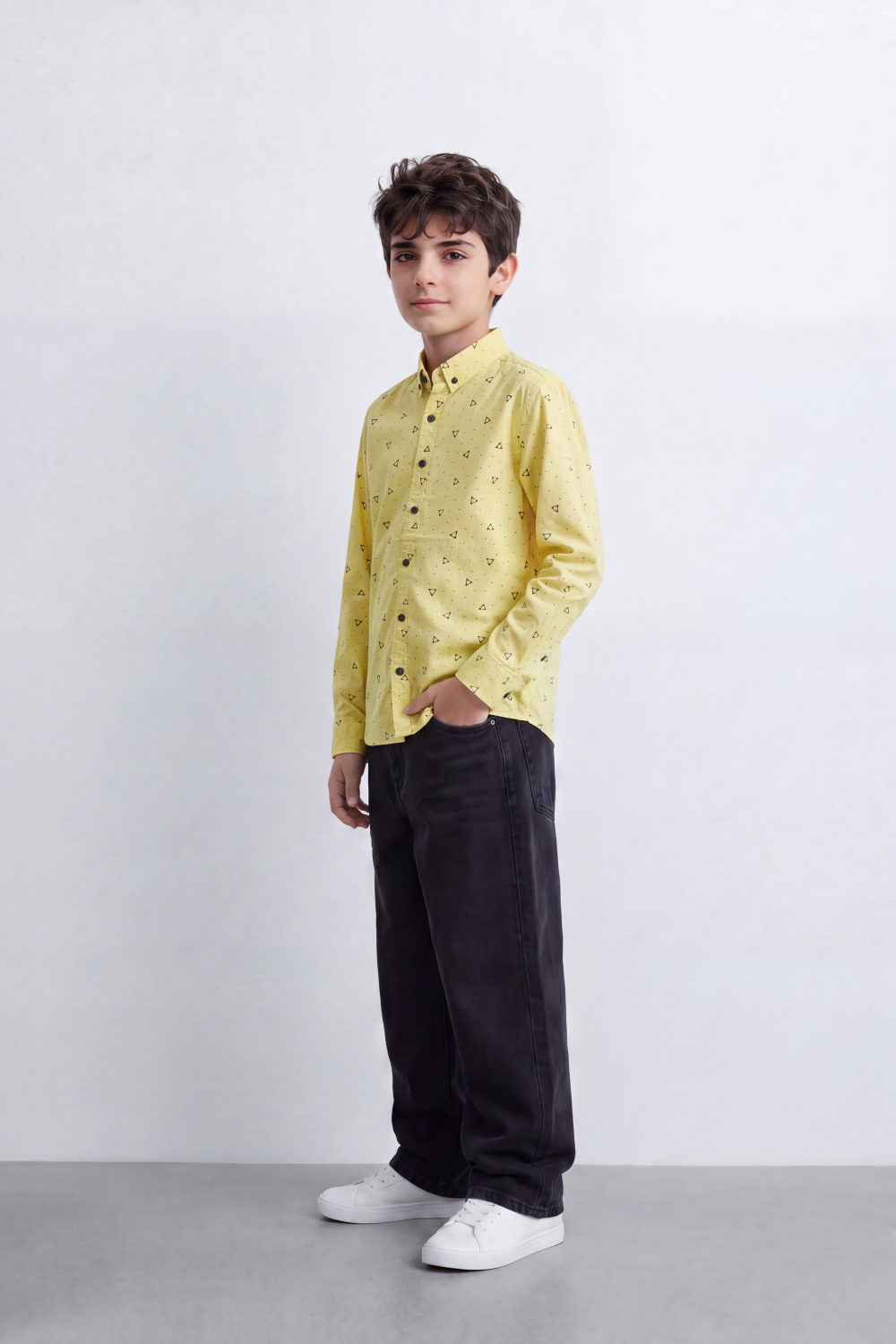 Boy's Tomato Store Printed Cotton Poplin Shirt Tiny Allover Motif Button-Down Collar Contrast Buttons Long Sleeve