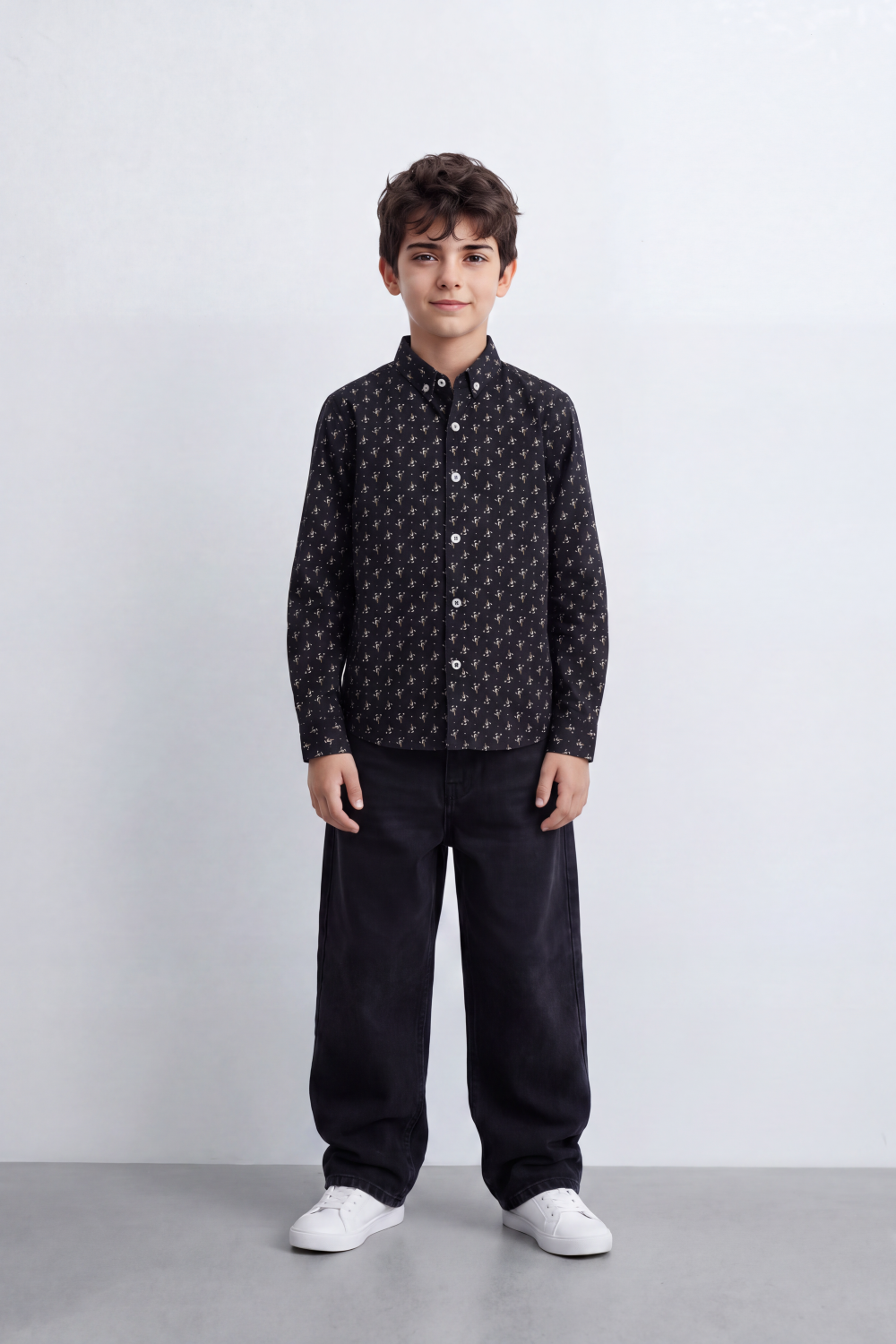 Boy's Tomato Store Fine Poplin Shirt Allover Mini Botanical Print Button-Down Collar Long Sleeve