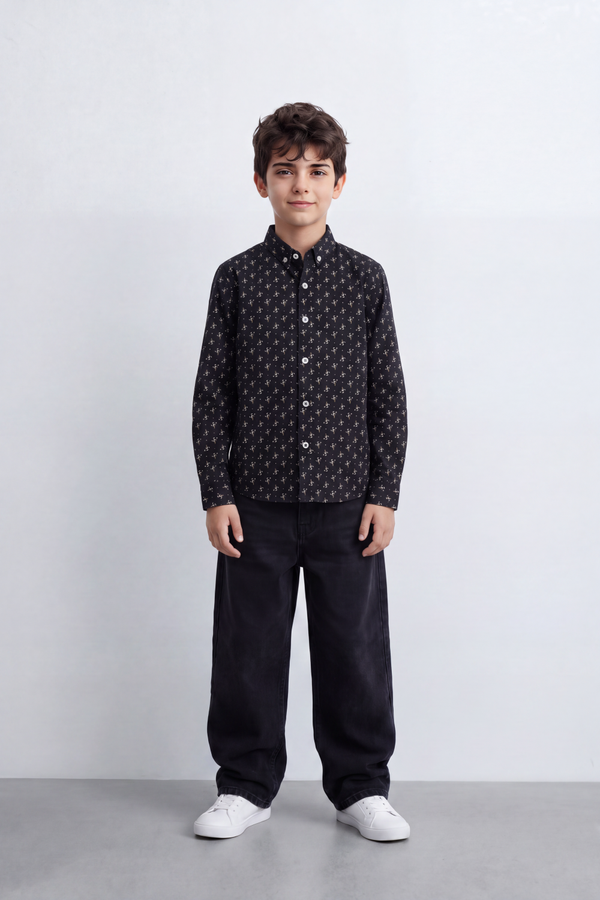 Boy's Tomato Store Fine Poplin Shirt Allover Mini Botanical Print Button-Down Collar Long Sleeve