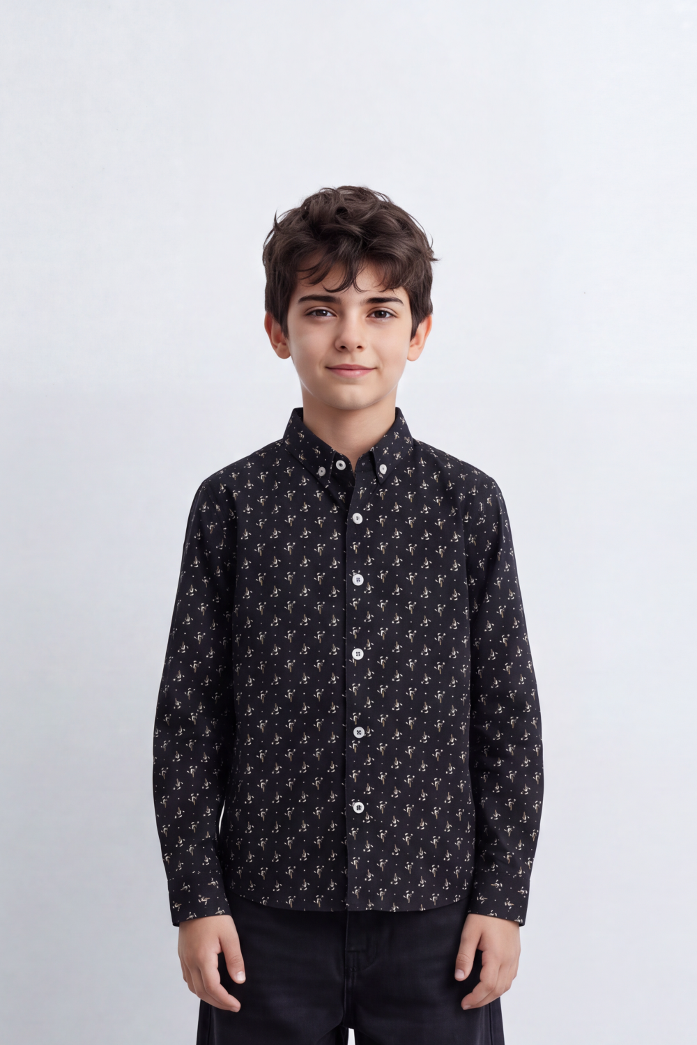 Boy's Tomato Store Fine Poplin Shirt Allover Mini Botanical Print Button-Down Collar Long Sleeve