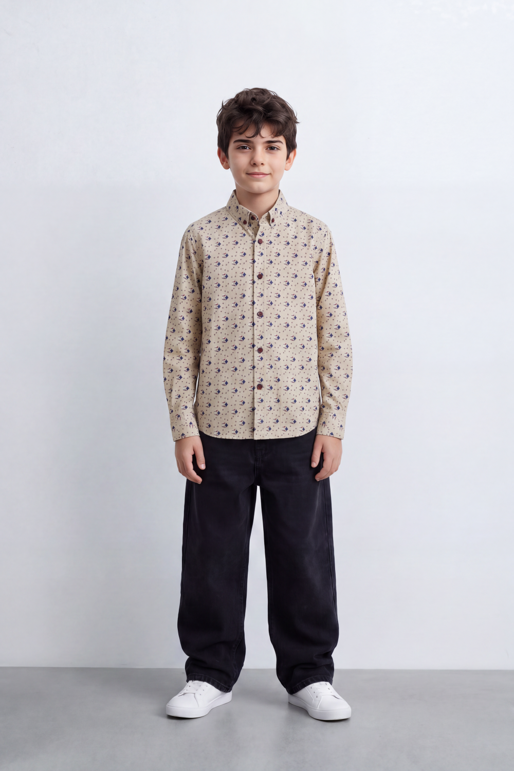 Boy's Tomato Store Lightweight Cotton Poplin Shirt Allover Mini Geometric Print Button-Down Collar Long Sleeve