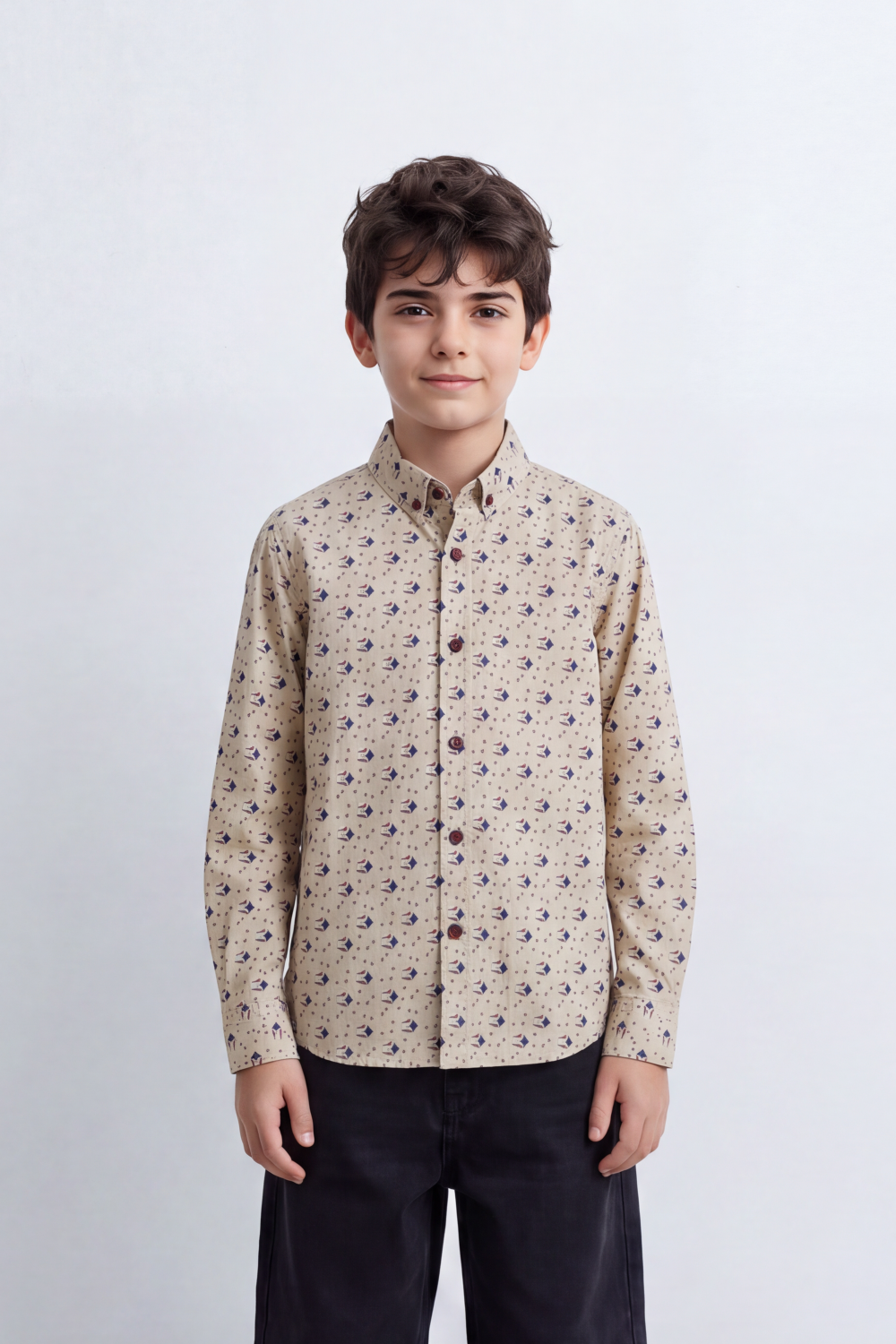 Boy's Tomato Store Lightweight Cotton Poplin Shirt Allover Mini Geometric Print Button-Down Collar Long Sleeve
