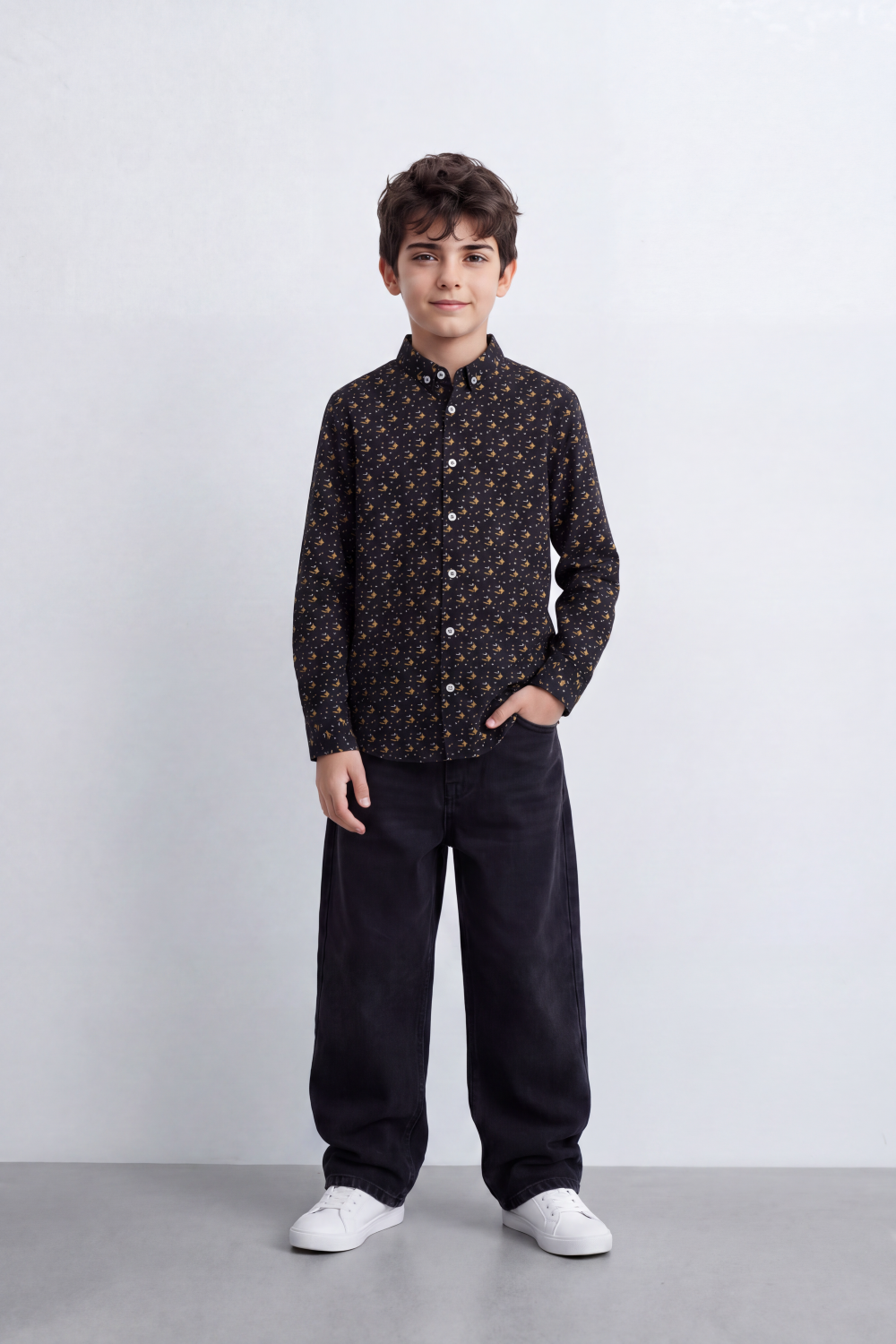 Boy's Tomato Store Lightweight Cotton Poplin Shirt Allover Mini Geometric Print Button-Down Collar Long Sleeve