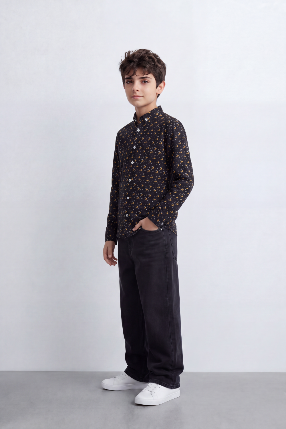Boy's Tomato Store Lightweight Cotton Poplin Shirt Allover Mini Geometric Print Button-Down Collar Long Sleeve