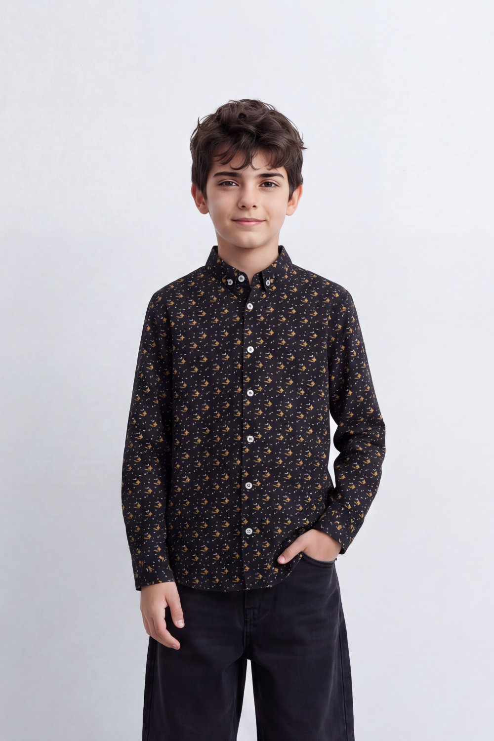 Boy's Tomato Store Lightweight Cotton Poplin Shirt Allover Mini Geometric Print Button-Down Collar Long Sleeve