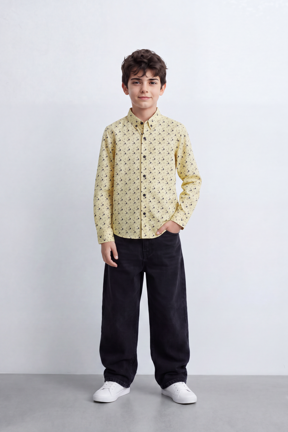 Boy's Tomato Store Lightweight Cotton Poplin Shirt Allover Mini Geometric Print Button-Down Collar Long Sleeve