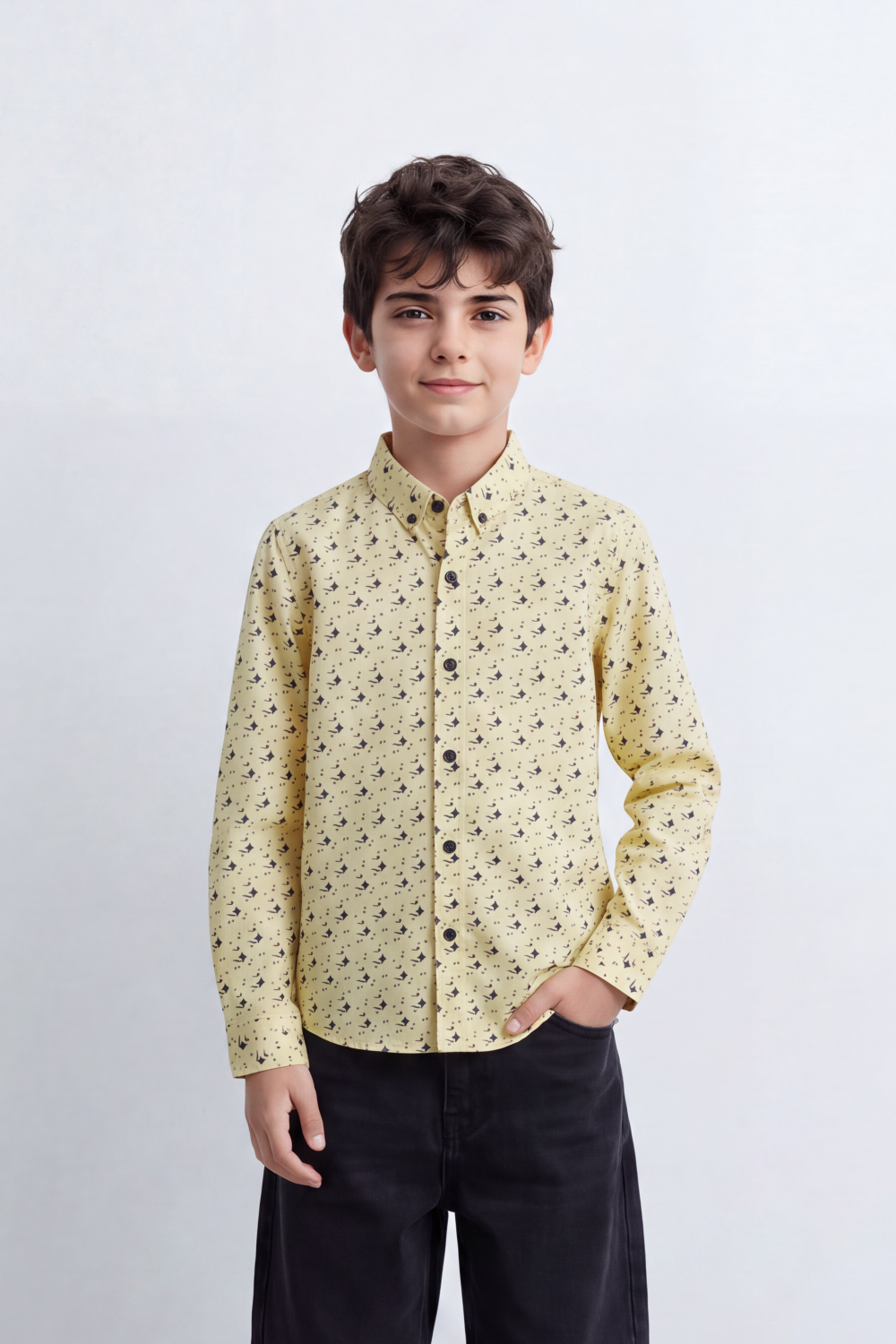 Boy's Tomato Store Lightweight Cotton Poplin Shirt Allover Mini Geometric Print Button-Down Collar Long Sleeve