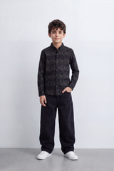 Boy's Tomato Store Soft Woven Shirt Tonal Botanical Print  Collar Contrast Buttons Long Sleeve