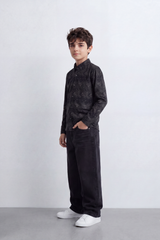 Boy's Tomato Store Soft Woven Shirt Tonal Botanical Print  Collar Contrast Buttons Long Sleeve