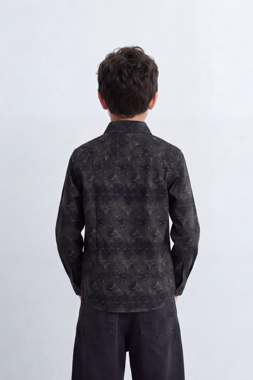 Boy's Tomato Store Soft Woven Shirt Tonal Botanical Print  Collar Contrast Buttons Long Sleeve