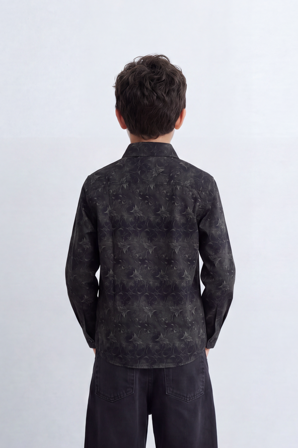 Boy's Tomato Store Soft Woven Shirt Tonal Botanical Print  Collar Contrast Buttons Long Sleeve