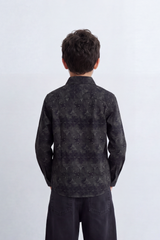 Boy's Tomato Store Soft Woven Shirt Tonal Botanical Print  Collar Contrast Buttons Long Sleeve